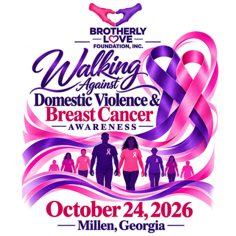 A promotional flyer for a walking event features silhouettes of people walking in the foreground, set against a background of flowing pink and purple ribbons and event text.