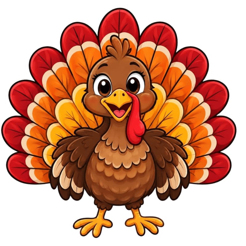 A cartoon turkey with a colorful fanned tail stands against a plain white background.