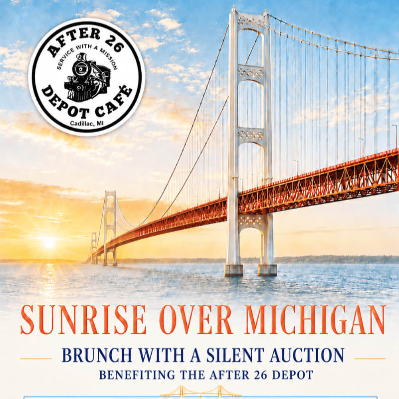 A logo for After 26 Depot Cafe sits in the upper left foreground against a background of a large suspension bridge at sunrise over the water.