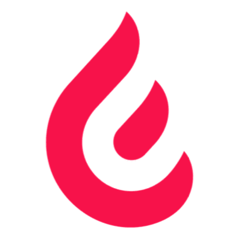 A bright red, abstract flame-like shape is centered against a plain white background.