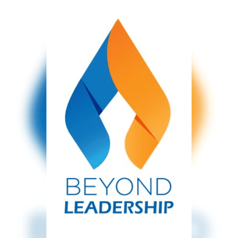 A blue and orange abstract flame-like logo with the words "BEYOND LEADERSHIP" below it is set against a blurred white background.