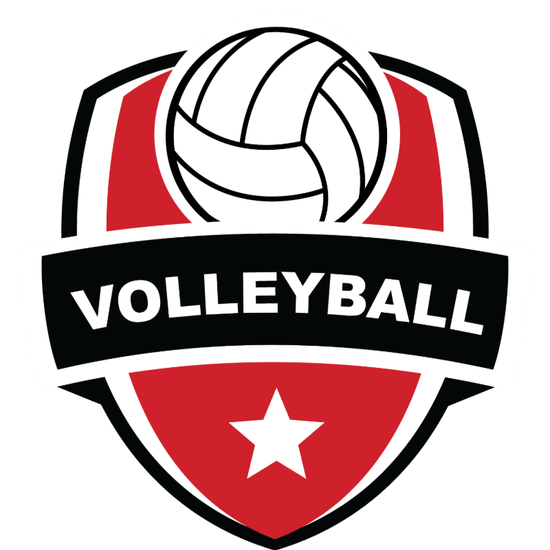 A volleyball and the word "VOLLEYBALL" are centered on a red and white shield against a plain white background.