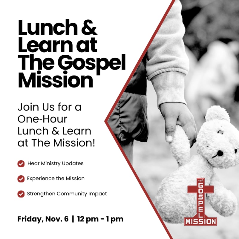 Text promoting a "Lunch & Learn" event is positioned on a white foreground to the left, while a black-and-white photo of a child holding a teddy bear fills the background on the right.