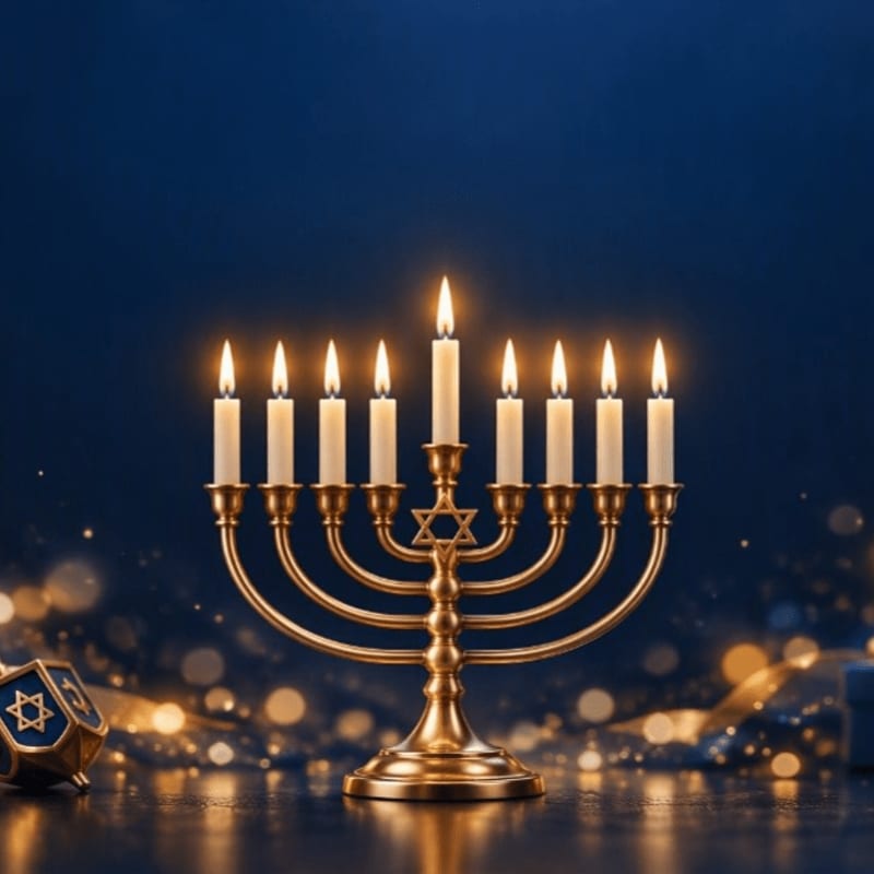 A golden menorah with nine lit candles stands in the foreground against a dark blue background with shimmering bokeh lights.