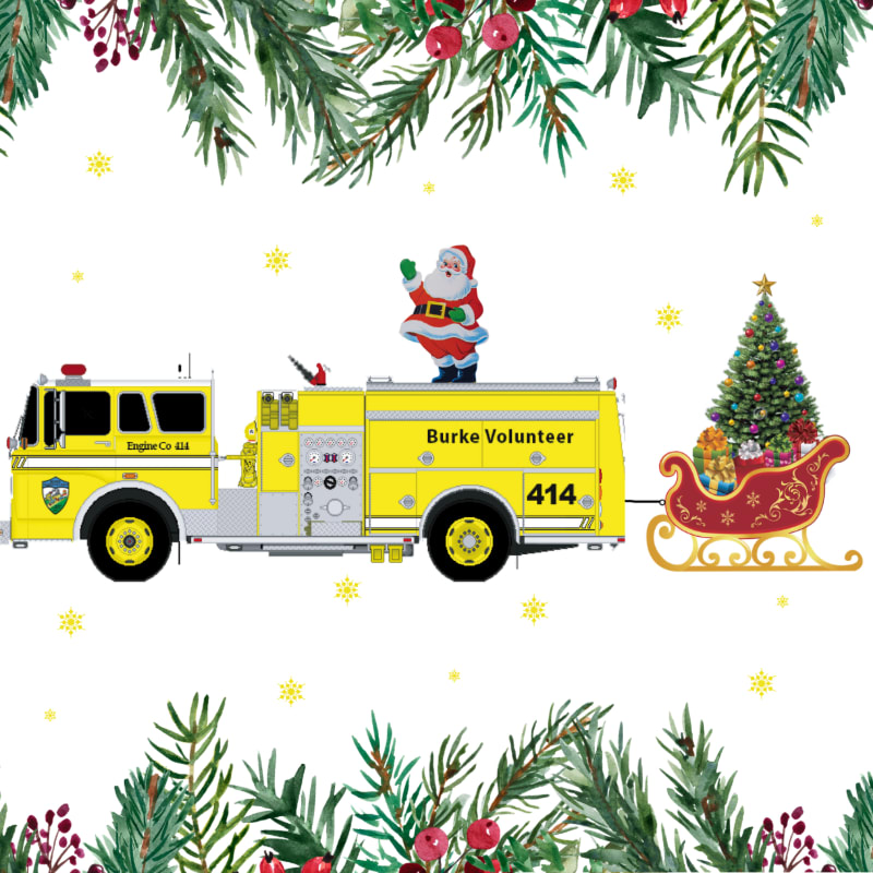 Santa Claus stands atop a yellow Burke Volunteer fire truck towing a sleigh with a Christmas tree, framed by festive evergreen branches and gold stars.