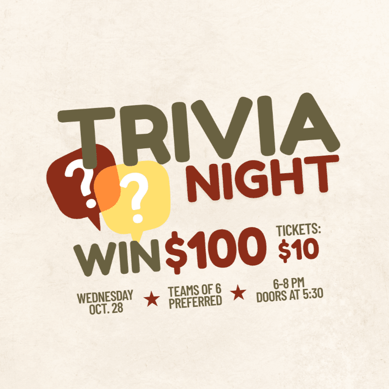 Text announcing a "Trivia Night" with prize and event details is centered over a plain, light-beige textured background.