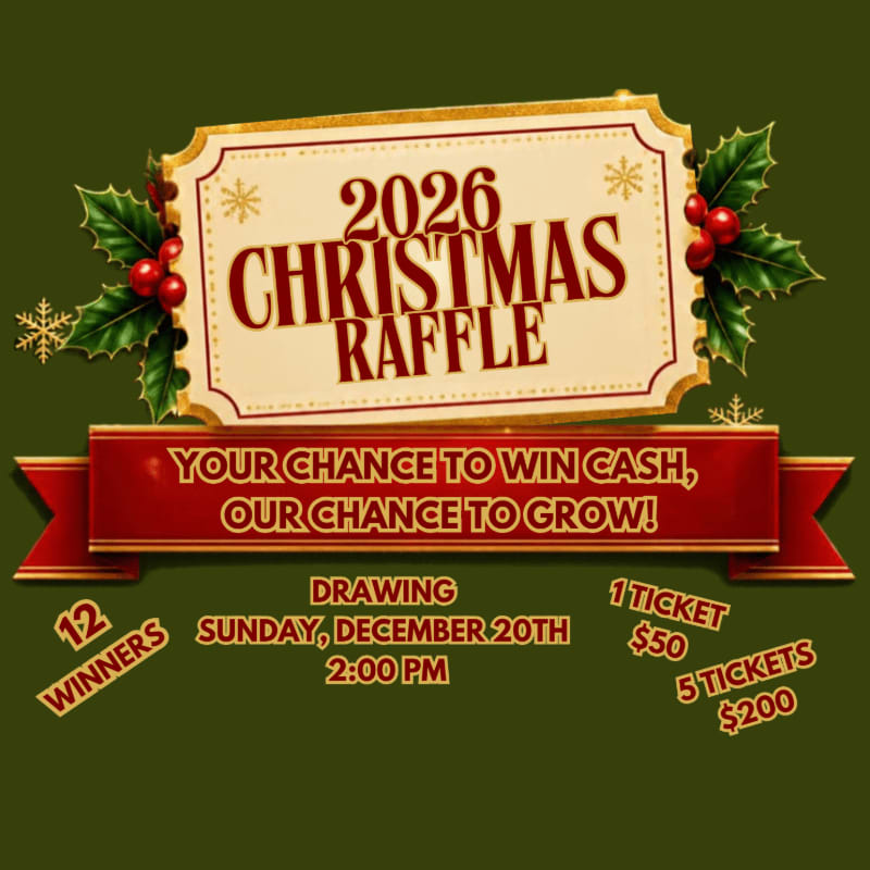 A Christmas raffle announcement with festive holly and a red ribbon sits against a solid dark green background.