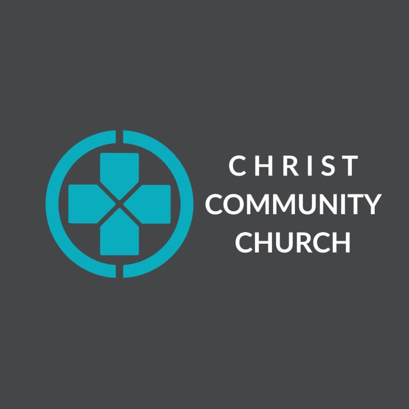A teal circular logo and the white text "CHRIST COMMUNITY CHURCH" are centered on a dark gray background.