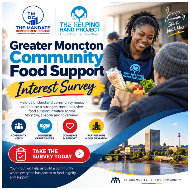 A woman in a blue apron hands a bag of groceries to a person in the foreground, set against a background of promotional text and a cityscape.