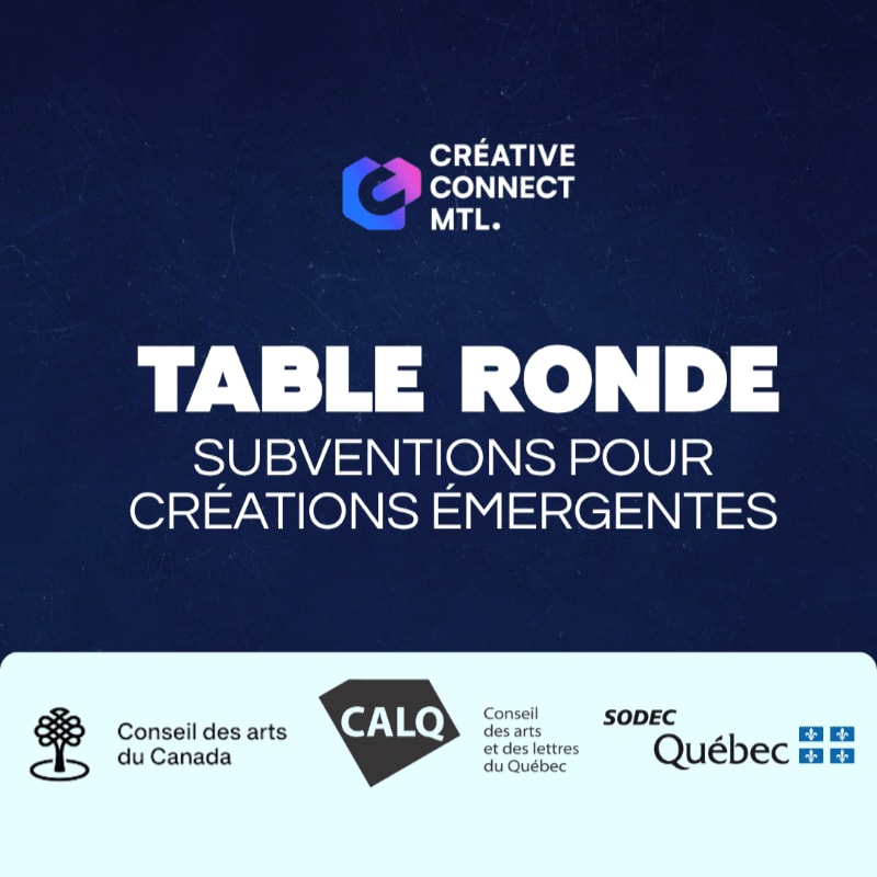 White and blue text promoting a "Table Ronde" event sits against a dark blue textured background, with a light blue footer containing various organizational logos.