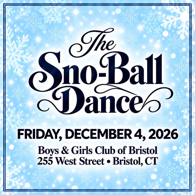 Dark blue text announcing "The Sno-Ball Dance" and event details sits atop a light blue background filled with white snowflakes and shimmering sparkles.