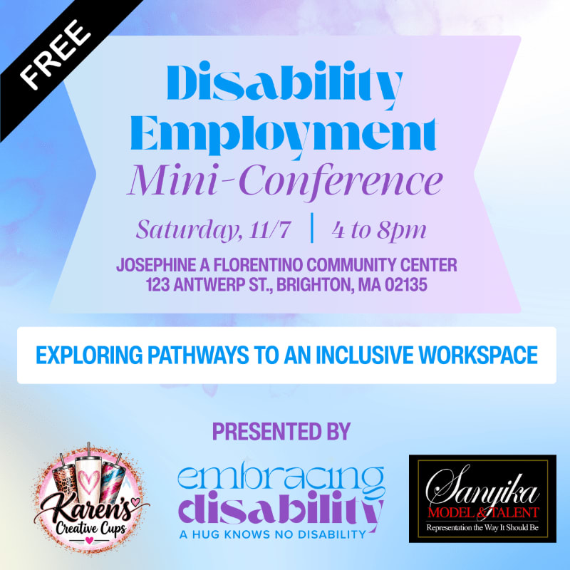A promotional flyer for a Disability Employment Mini-Conference features blue and purple text on a light purple banner, set against a soft blue and white gradient background with logos at the bottom.