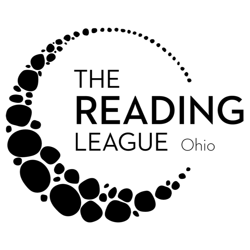 Black text reading "THE READING LEAGUE Ohio" is centered within a circular arrangement of black dots and pebbles against a plain white background.