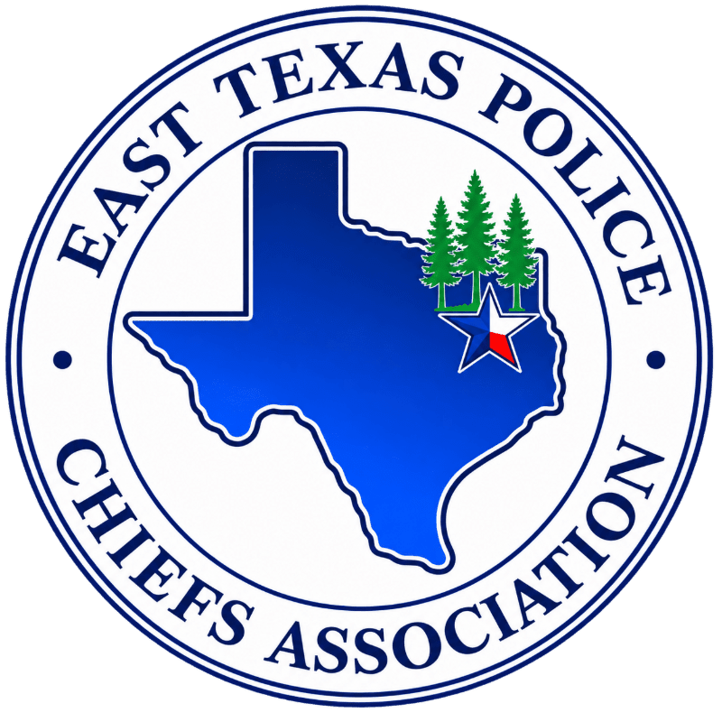 A blue silhouette of Texas featuring pine trees and a star sits centered within a white circular border inscribed with "EAST TEXAS POLICE CHIEFS ASSOCIATION."