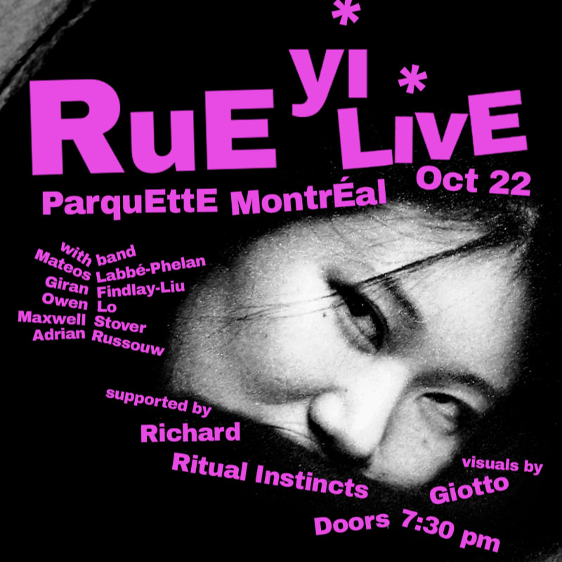 Bright pink event text for "RuE LIVE" overlays a black-and-white close-up of a person's face against a dark background.