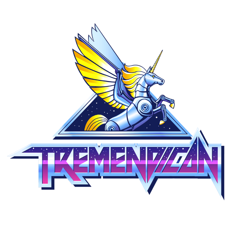 A robotic pegasus unicorn leaps from a triangular portal above the stylized text "TREMENDICAN" against a plain white background.