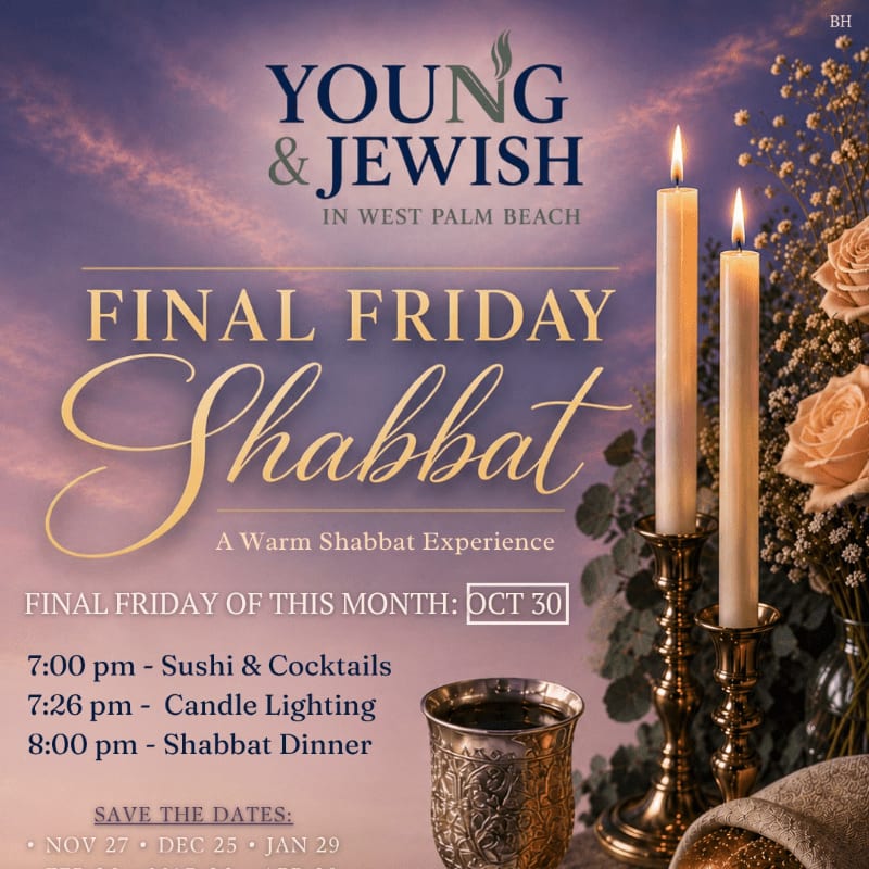 Two lit candles in ornate holders and a silver cup sit in the foreground against a purple-hued sky background with event text for "Young & Jewish Final Friday Shabbat."