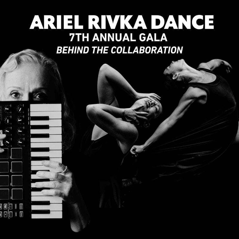 A woman's face and hands playing a keyboard are in the foreground, with two dancers posing against a black background.