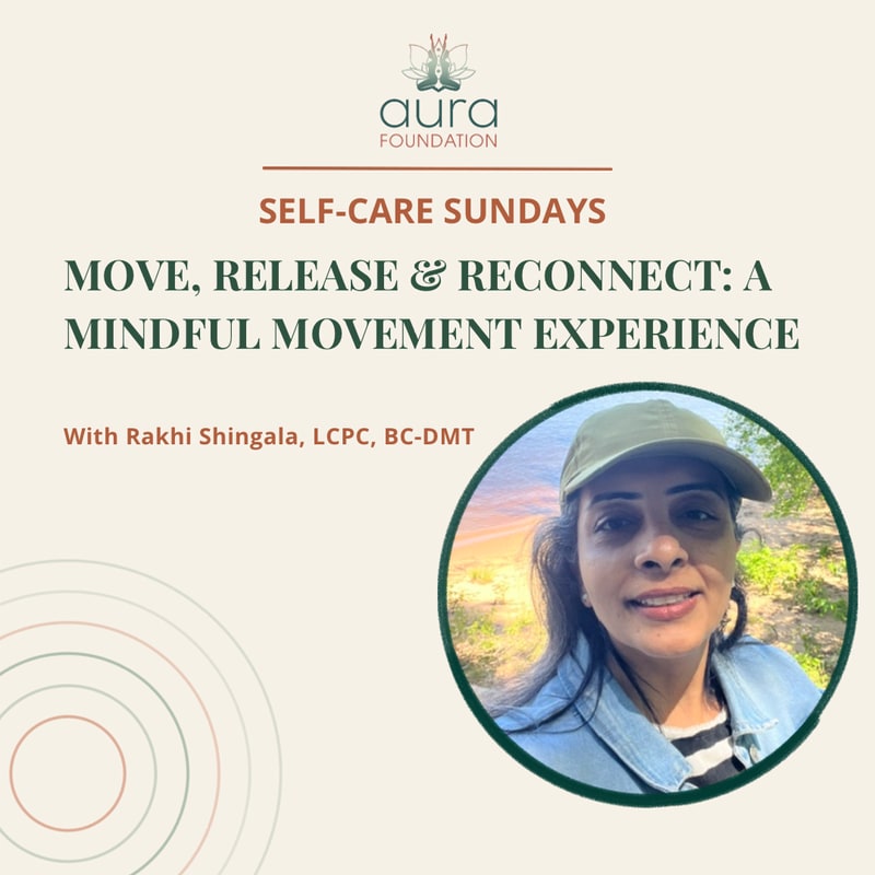 A woman in a denim jacket and cap is featured in a circular frame against a light beige background containing the Aura Foundation logo and text for "Self-Care Sundays."