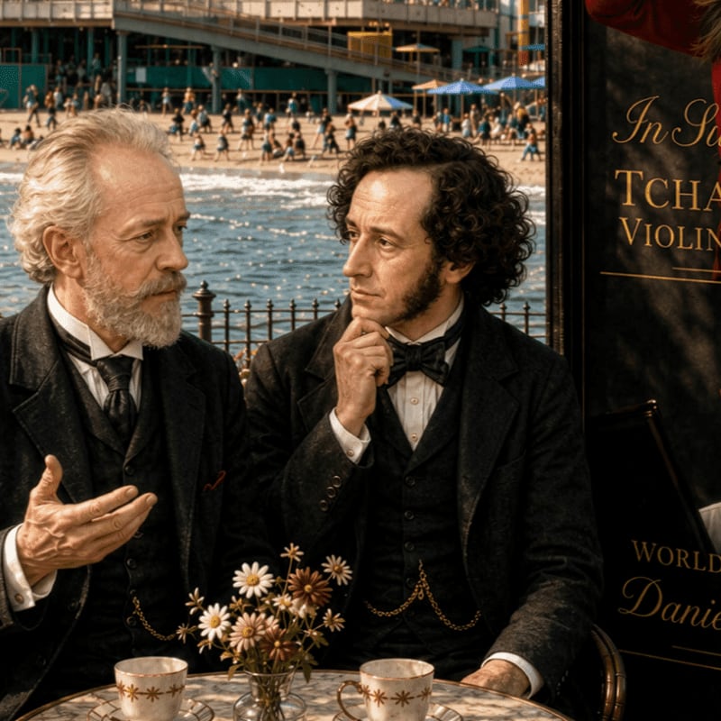 Two men in formal 19th-century attire sit at a table with tea and flowers in the foreground, while a crowded beach and ocean stretch across the background.
