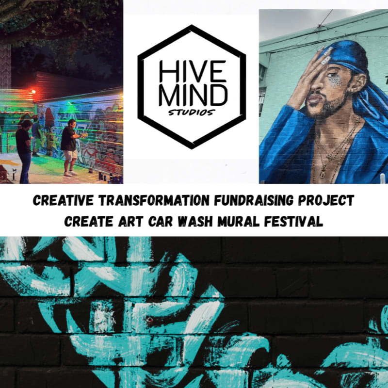 A collage featuring a logo, photos of artists and artwork, and promotional text for a mural festival set against a background of teal graffiti on a black brick wall.