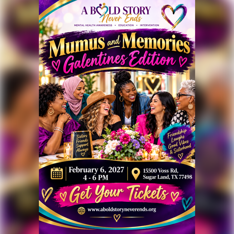 A group of smiling women gather around a table with flowers in the foreground, set against a blurred indoor background and framed by a purple promotional event flyer.