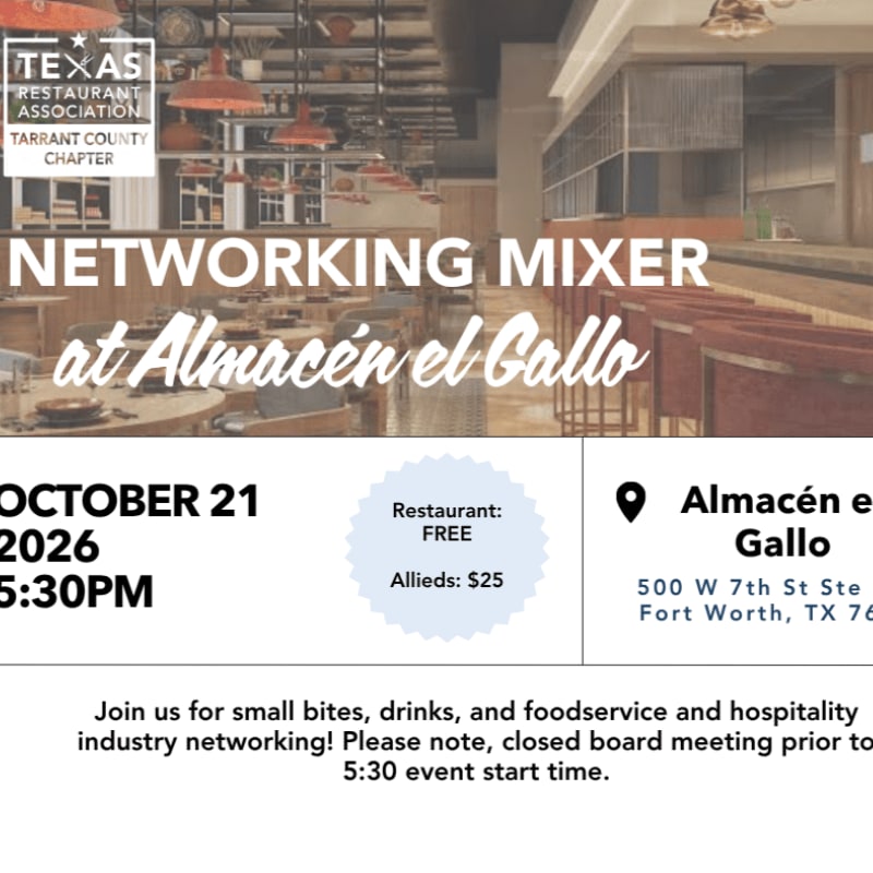A promotional flyer for a networking mixer features a blurred restaurant interior in the background and event details in the foreground.