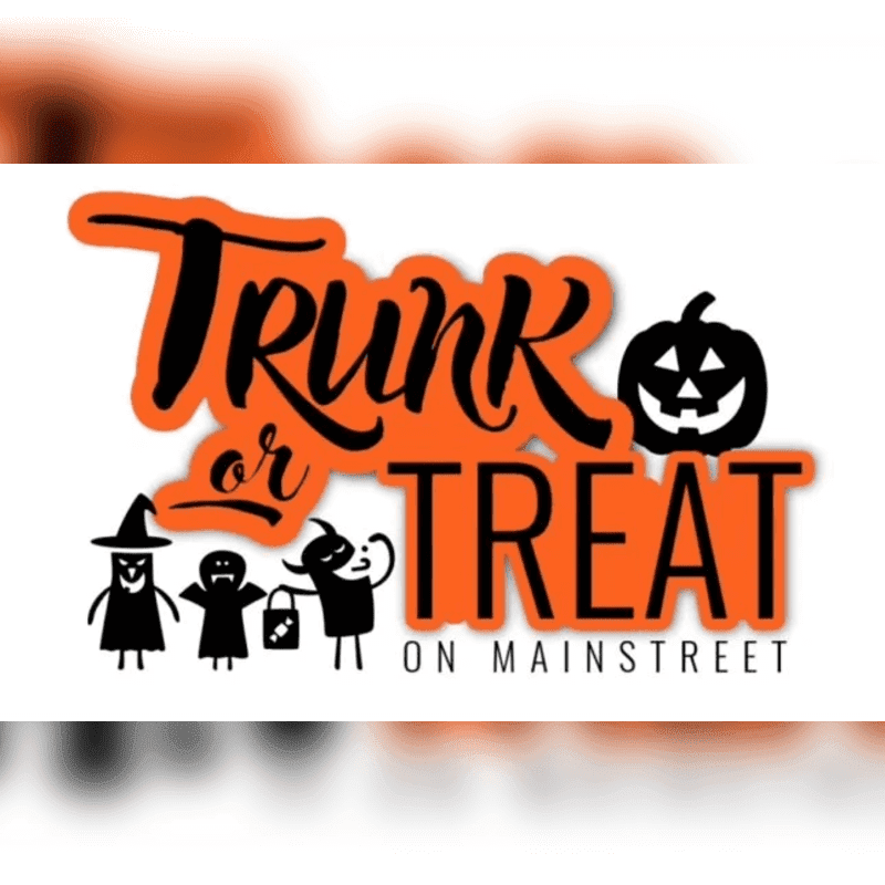 Orange and black "Trunk or Treat" text with Halloween figures and a pumpkin sits against a plain white background.