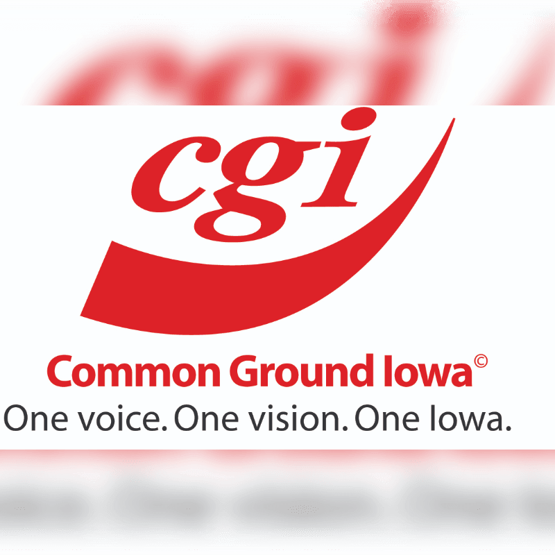 A red "cgi" logo and the text "Common Ground Iowa" with a slogan are centered against a white background with blurred red elements at the top and bottom.