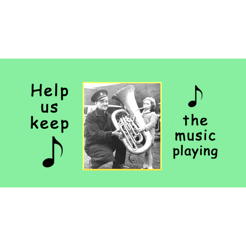 A black and white photo of a man and child with a tuba is centered on a green background with the text "Help us keep the music playing" and musical notes.