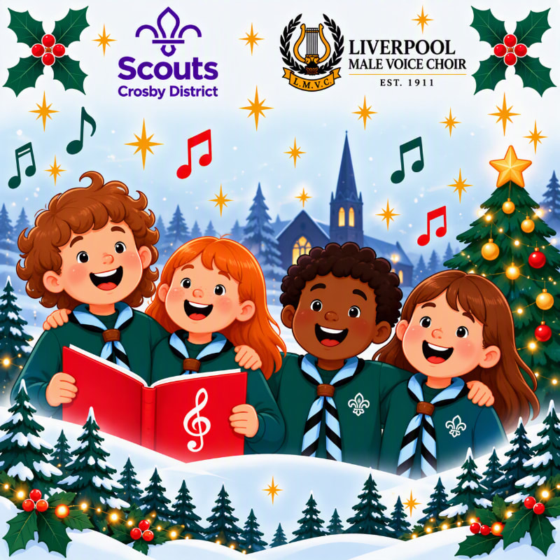 Four smiling Scouts sing from a red songbook in a snowy landscape with a village and a decorated Christmas tree in the background.