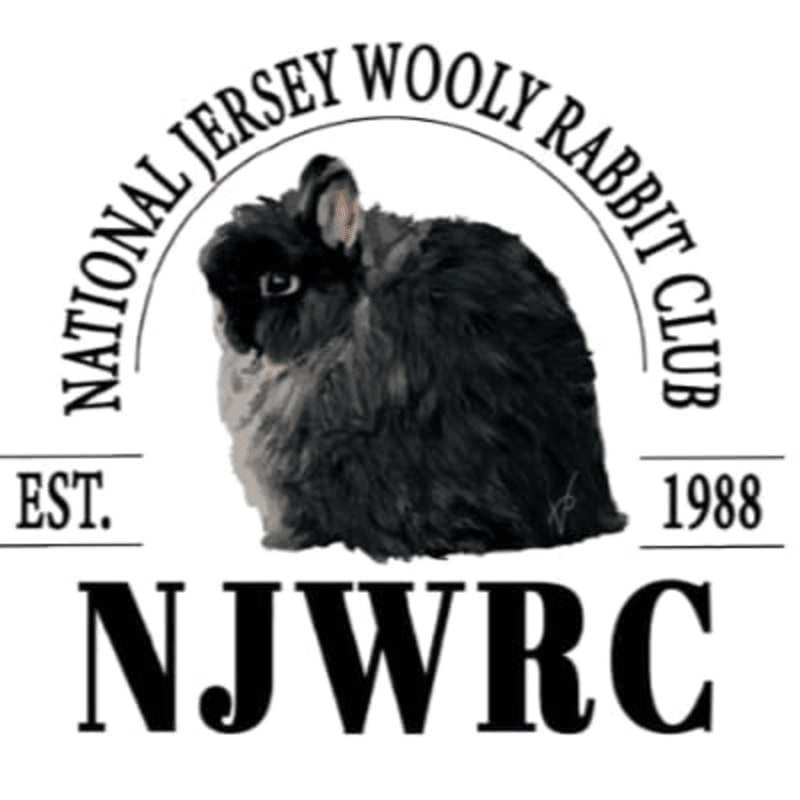 A fluffy black rabbit is centered in the foreground, surrounded by the text "NATIONAL JERSEY WOOLY RABBIT CLUB," "EST. 1988," and "NJWRC" against a plain white background.