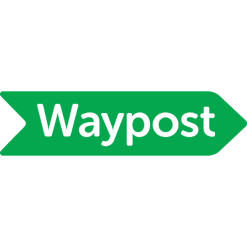 A green arrow-shaped sign with the white text "Waypost" points to the right against a white background.