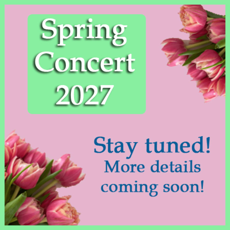 Text announcing a "Spring Concert 2027" and "Stay tuned!" is framed by pink tulips against a light pink background.