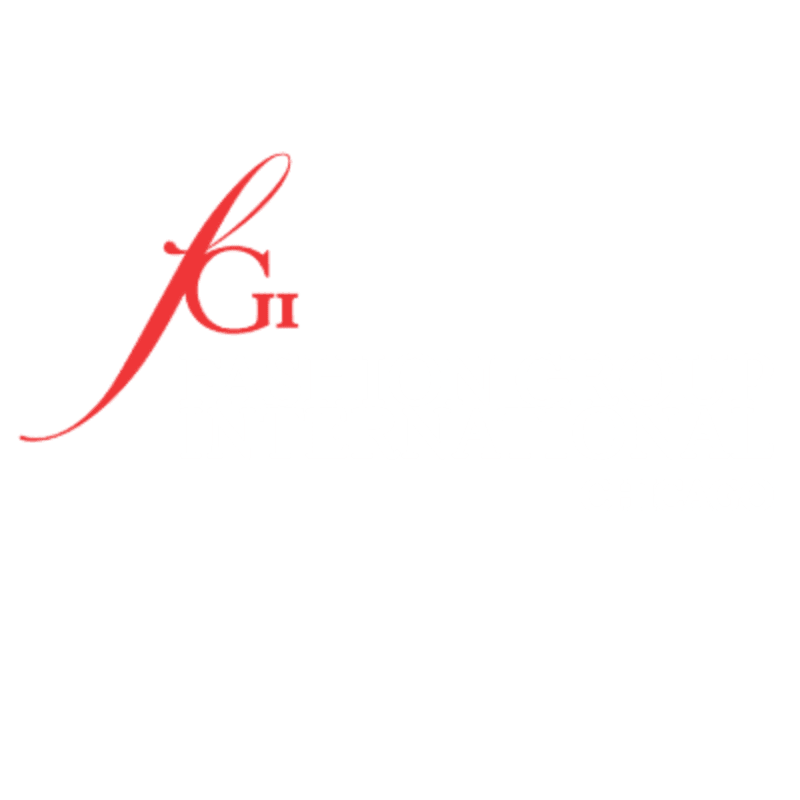 A stylized red "fG" monogram is positioned in the upper left corner against a plain white background.