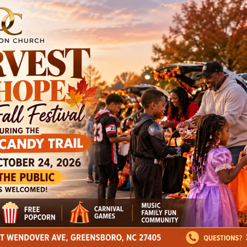Children in costumes gather around a car trunk filled with treats during a fall festival, set against a backdrop of autumn trees and a sunset sky.