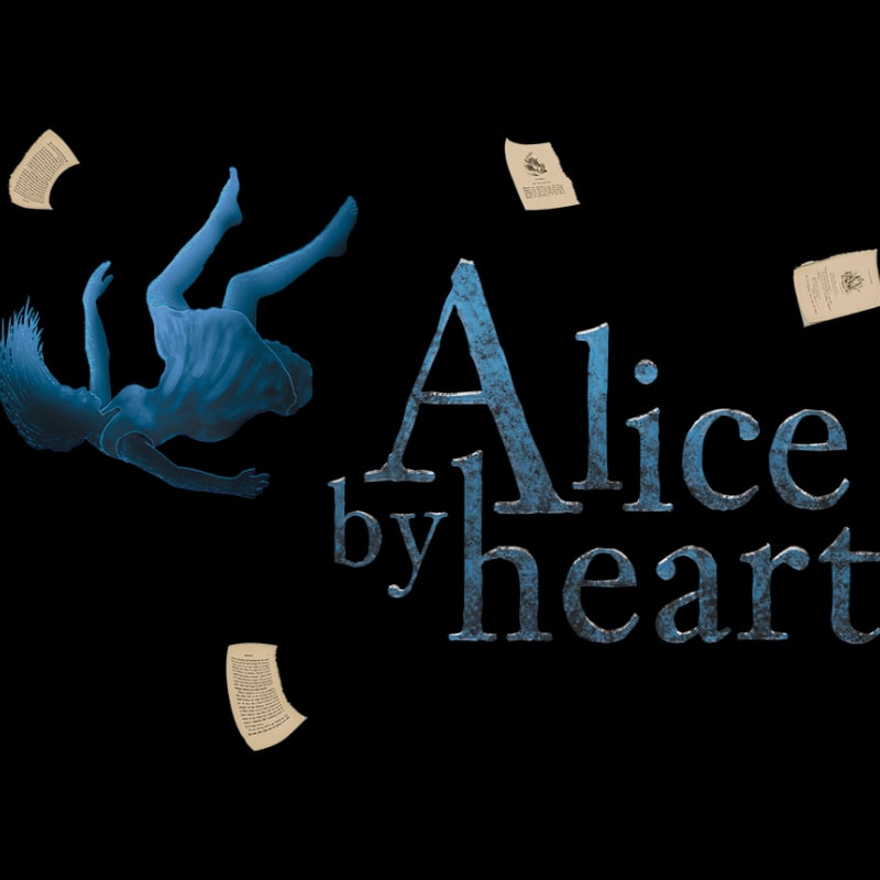 A blue-toned figure of a girl and floating pieces of paper surround the text "Alice by heart" against a solid black background.