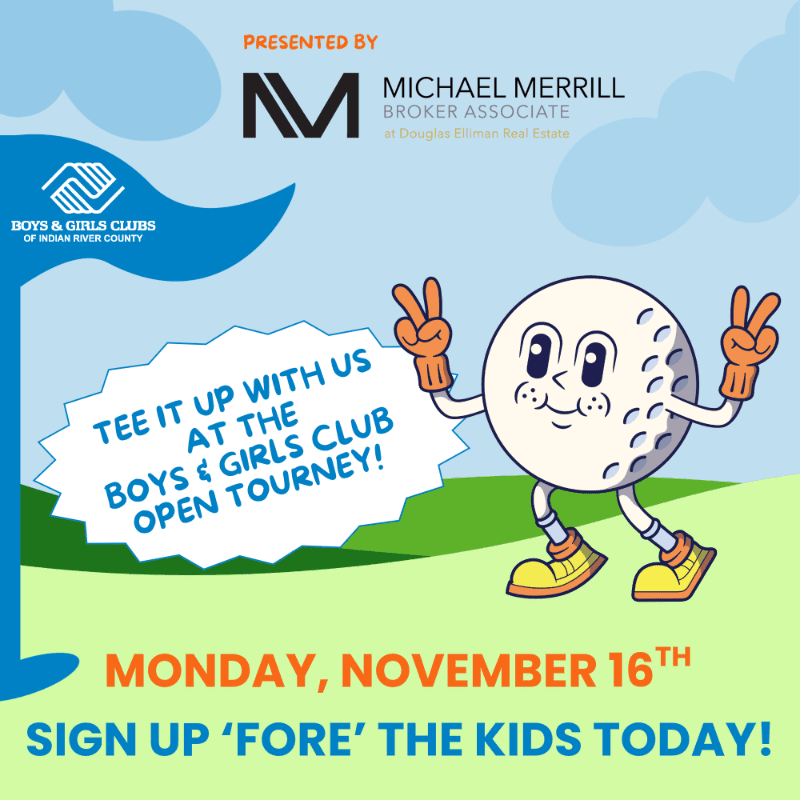 A cartoon golf ball character stands in the foreground next to a speech bubble on a green field, set against a light blue sky with clouds and promotional text.