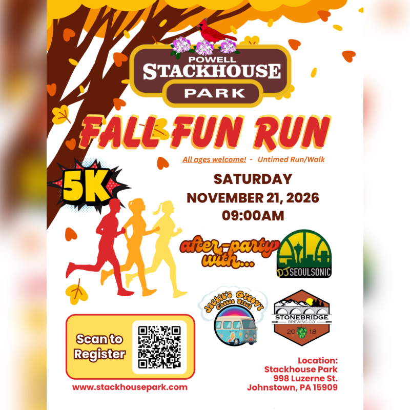 A colorful event flyer for a "Fall Fun Run" features running silhouettes and event details in the foreground against a background of autumn leaves and trees.