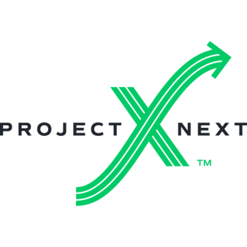 A green stylized "X" with an upward-pointing arrow and the text "PROJECT NEXT" are centered on a plain white background.