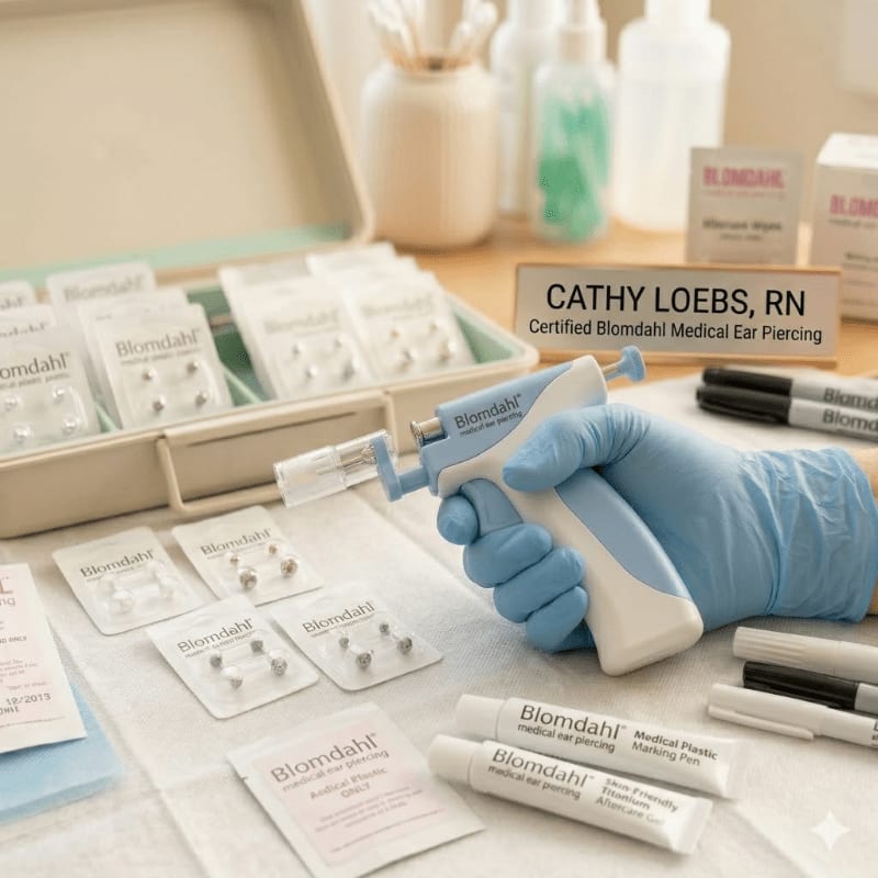 A gloved hand holds a medical ear piercing device in the foreground, surrounded by sterile earring packets and markers, with a storage case and bottles in the blurred background.
