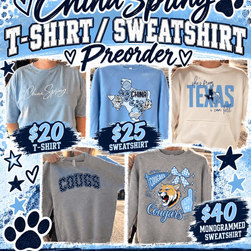 Five different branded t-shirts and sweatshirts are displayed in the foreground against a blue-themed background featuring stars, paw prints, and promotional text.