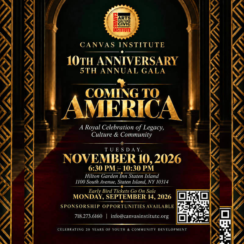 Gold text announcing the Canvas Institute's 10th Anniversary Gala is centered over a red carpet leading into a grand, arched hallway with ornate pillars.