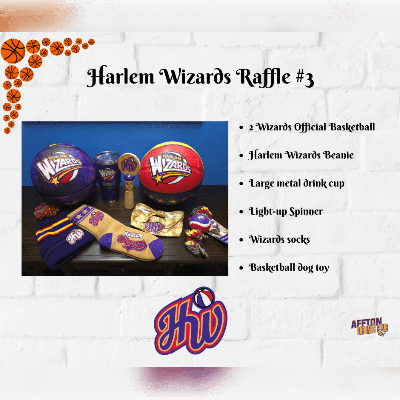A collection of Harlem Wizards merchandise sits on a dark table against a white brick wall background.