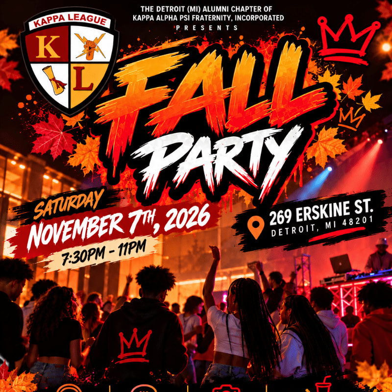 A crowd of people dancing in the foreground is set against a background featuring a bold "FALL PARTY" announcement with event details and fraternity branding.