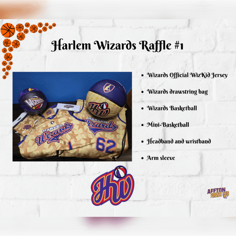 A collection of Harlem Wizards basketball merchandise sits in the foreground against a white brick wall background.