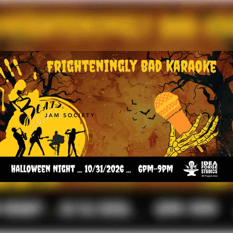 A skeletal hand holds a microphone in the foreground against a spooky background featuring silhouettes of a band, bare trees, and bats under the text "Frighteningly Bad Karaoke."