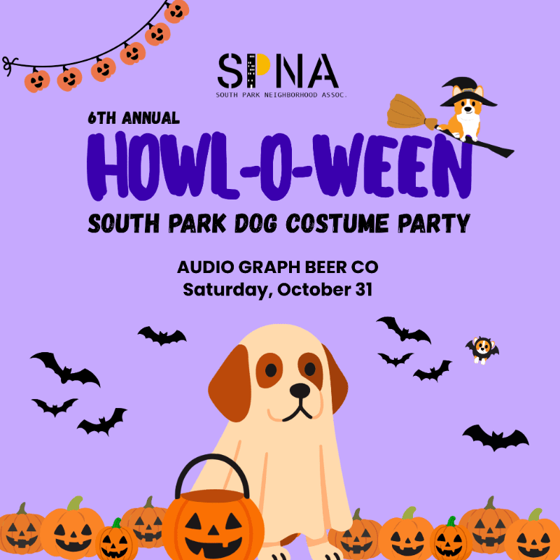 A cartoon dog and a row of jack-o'-lanterns sit in the foreground of a purple background featuring event text, bats, and a small witch dog.