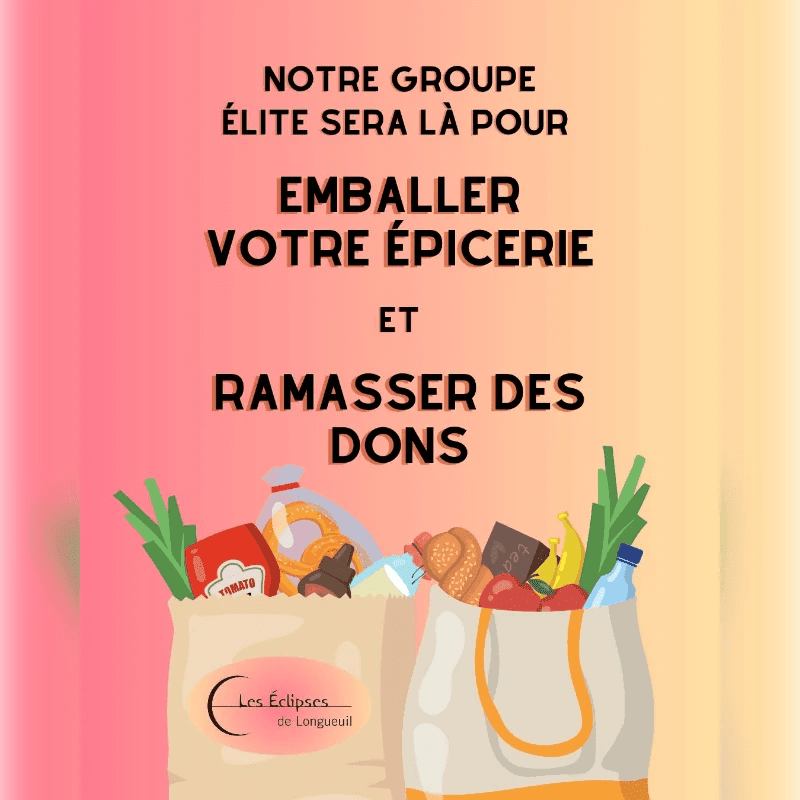 Two grocery bags filled with food items sit in the foreground against a pink and orange gradient background with French text.