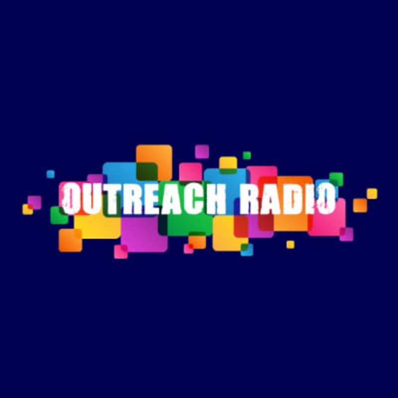 The words "OUTREACH RADIO" in white text are centered over a cluster of colorful squares against a dark blue background.